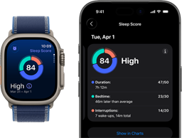 Apple Watch Ultra 3, titanium natural case, sleep score screen, breakdown in circle graph, score in center, band, blue Trail Loop
