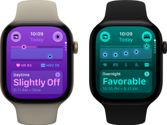 Du „Apple Watch Series 12“ laikrodžiai: aliuminio korpusas, šviesaus aukso spalva, dienos gyvybiniai rodikliai šiek tiek nukrypę nuo normos, „Digital Crown“, smėlio spalvos „Sport Band“ dirželis; aliuminio korpusas, juoda spalva, nakties gyvybiniai rodikliai palankūs, „Digital Crown“, juodas „Sport Band“ dirželis