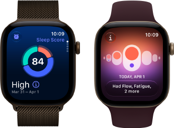 „Apple Watch Series 12“, aliuminio korpusas, tamsiai bronzinė spalva, miego įvertinimo apskritimo diagrama, „Digital Crown“, tamsiai bronzinės spalvos „Milanese Loop“ dirželis
