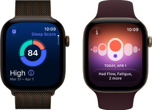 „Apple Watch Series 12“, aliuminio korpusas, tamsiai bronzinė spalva, miego įvertinimo apskritimo diagrama, „Digital Crown“, tamsiai bronzinės spalvos „Milanese Loop“ dirželis