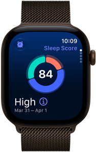 „Apple Watch Series 12“, aliuminio korpusas, tamsiai bronzinė spalva, miego įvertinimo apskritimo diagrama, „Digital Crown“, tamsiai bronzinės spalvos „Milanese Loop“ dirželis