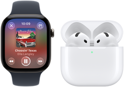 „Apple Watch Series 12“, aliuminio korpusas, juoda spalva, juodas „Sport Band“ dirželis, atidaryta programa „Apple Music“, susieta su „AirPods 4“