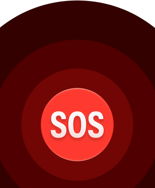 SOS signalo piktograma: raudoni koncentriniai apskritimai su baltu užrašu SOS viduryje