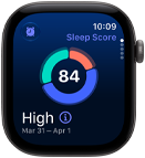 „Apple Watch Series 12“, aliuminio korpusas, kosminė pilka spalva, miego įvertinimo apskritimo diagrama, dešinė pusė iš išorės, „Digital Crown“