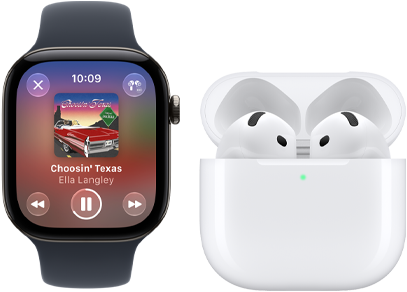 „Apple Watch Series 12“, aliuminio korpusas, juoda spalva, juodas „Sport Band“ dirželis, atidaryta programa „Apple Music“, susieta su „AirPods 4“