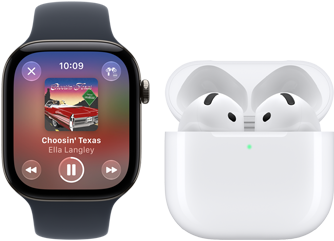 „Apple Watch Series 12“, aliuminio korpusas, juoda spalva, juodas „Sport Band“ dirželis, atidaryta programa „Apple Music“, susieta su „AirPods 4“