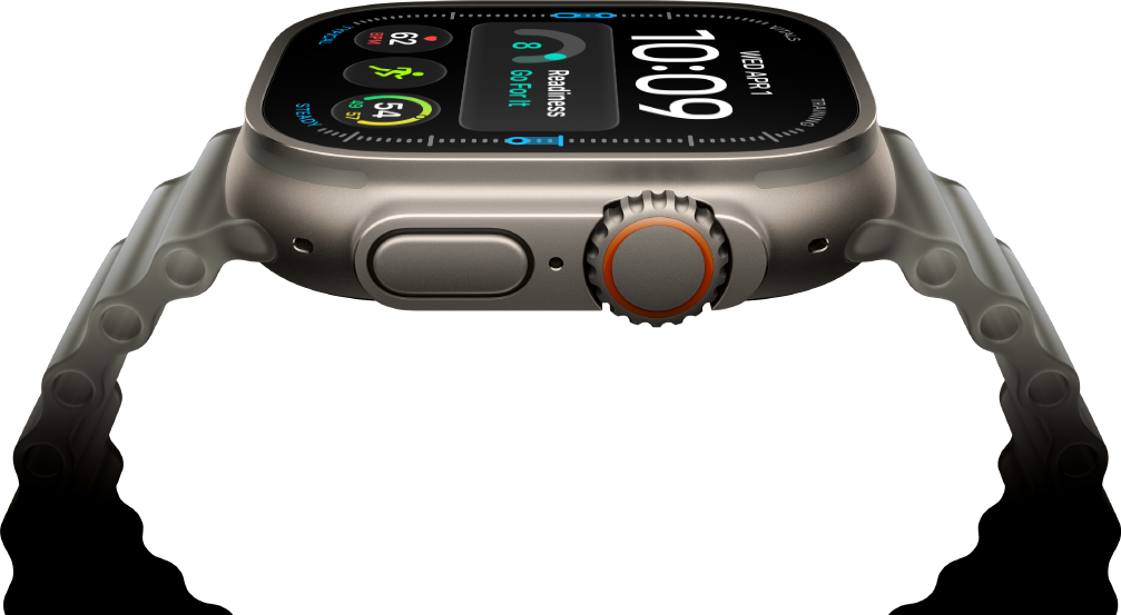 „Apple Watch Ultra 4“, titano korpusas, natūrali spalva, skaitmeninis ciferblatas, komplikacijos: pasirengimas, širdies ritmas, treniruotės, temperatūra, dešinė pusė iš išorės, „Digital Crown“, iškilęs šoninis mygtukas, permatomai pilkas „Ocean Band“ dirželis