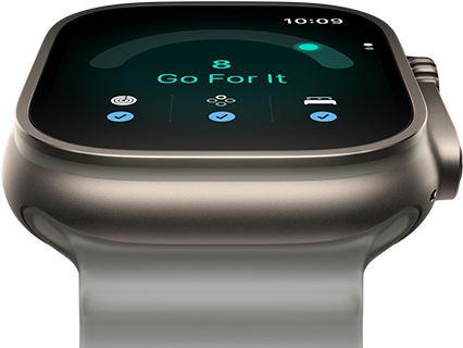 „Apple Watch Ultra 4“, titano korpusas, natūrali spalva, pasirengimo įvertinimas 8, dešinė pusė iš išorės, „Digital Crown“, iškilęs šoninis mygtukas, permatomai pilkas „Ocean Band“ dirželis