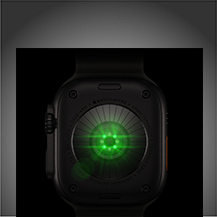 „Apple Watch Ultra 4“ galinė pusė, titano korpusas, juoda spalva, keli apvalūs jutikliai su švytinčiais žaliais LED šviesos diodais