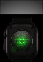 „Apple Watch Ultra 4“ galinė pusė, titano korpusas, juoda spalva, keli apvalūs jutikliai su švytinčiais žaliais LED šviesos diodais