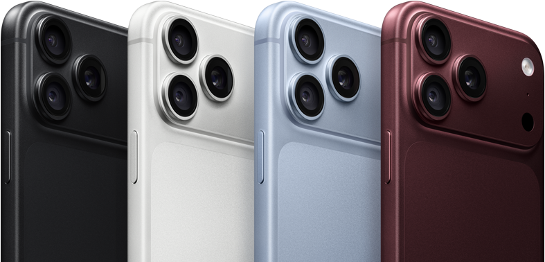 Eilėje išrikiuoti „iPhone 18 Pro“ įrenginiai, galinė pusė iš išorės, visos keturios spalvos: juoda, ledynų, sidabro, burgundijos; viršutiniame kairiajame kampe „Pro Fusion“ kamerų sistema, 3 objektyvai, mikrofonas, blykstė