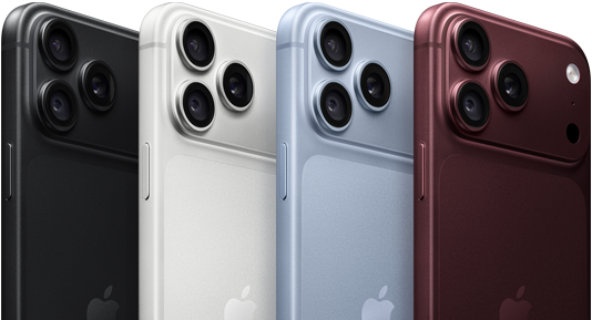 Eilėje išrikiuoti „iPhone 18 Pro“ įrenginiai, galinė pusė iš išorės, visos keturios spalvos: juoda, ledynų, sidabro, burgundijos; viršutiniame kairiajame kampe „Pro Fusion“ kamerų sistema, 3 objektyvai, mikrofonas, blykstė