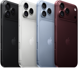 Eilėje išrikiuoti „iPhone 18 Pro“ įrenginiai, galinė pusė iš išorės, visos keturios spalvos: juoda, ledynų, sidabro, burgundijos; viršutiniame kairiajame kampe „Pro Fusion“ kamerų sistema, 3 objektyvai, mikrofonas, blykstė