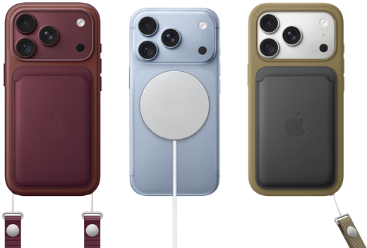 Iš kairės į dešinę: „iPhone 18 Pro“ burgundijos spalvos odiniame dėkle su burgundijos spalvos dirželiu per petį, viduryje – „iPhone 18 Pro“ ledynų spalvos su prijungtu baltu „MagSafe“ įkrovikliu, dešinėje – „iPhone 18 Pro“ sidabro spalvos žaliame odiniame dėkle-piniginėje su dirželiu ant riešo