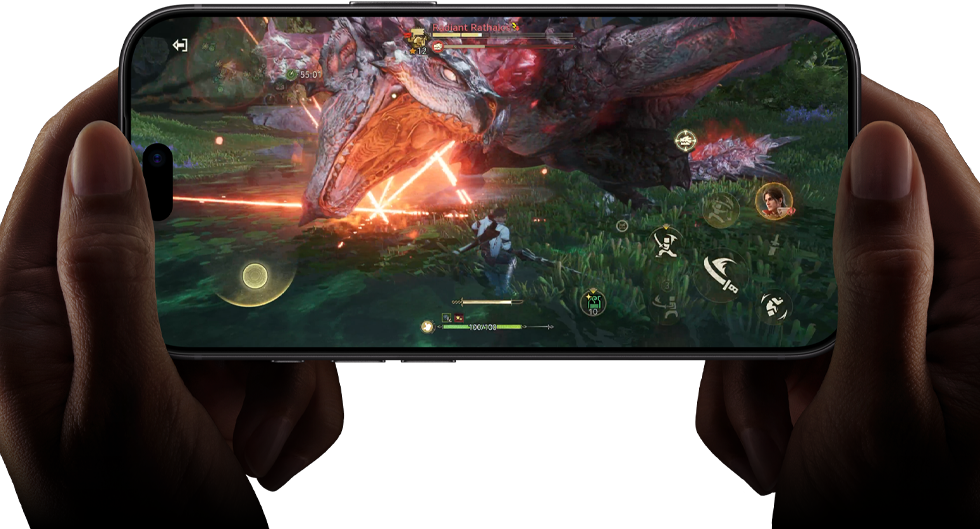 „iPhone 18 Pro“, priekinė pusė iš išorės; žaidimo „Monster Hunter Outlanders“ scena demonstruoja „A20 Pro“ lusto našumo galimybes