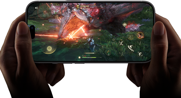 „iPhone 18 Pro“, priekinė pusė iš išorės; žaidimo „Monster Hunter Outlanders“ scena demonstruoja „A20 Pro“ lusto našumo galimybes