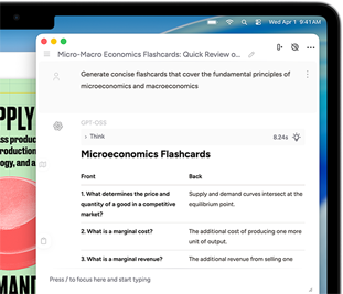 „MacBook Air“ screen showing „Apple Intelligence“ Writing Tools creating flash cards about micro and macro economics