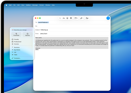 „MacBook Air“ screen showing „Apple Intelligence“ Writing Tools composing an email