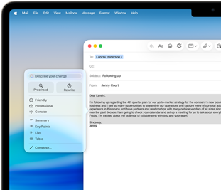 „MacBook Air“ screen showing „Apple Intelligence“ Writing Tools composing an email
