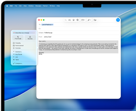 „MacBook Air“ screen showing „Apple Intelligence“ Writing Tools composing an email
