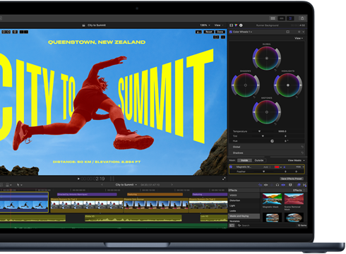 „MacBook Air“ screen, partial view, showing video editing to demonstrate M5 chip capabilities