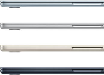 Side exteriors of four „MacBook Air“ laptops, showcasing four different finishes