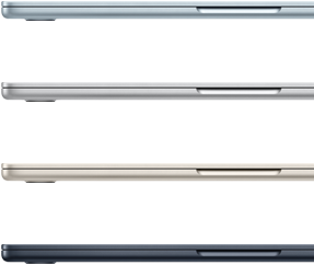 Side exteriors of four „MacBook Air“ laptops, showcasing four different finishes