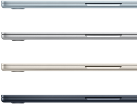 Side exteriors of four „MacBook Air“ laptops, showcasing four different finishes