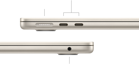 „MacBook Air“, closed, left side, showing „MagSafe“ and two Thunderbolt ports, right side, showing headphone jack