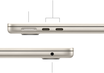 „MacBook Air“, closed, left side, showing „MagSafe“ and two Thunderbolt ports, right side, showing headphone jack