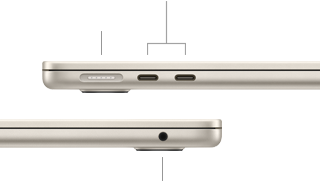„MacBook Air“, closed, left side, showing „MagSafe“ and two Thunderbolt ports, right side, showing headphone jack