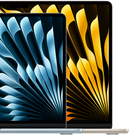 Two „MacBook Air“ laptops demonstrating relative sizes of displays: 13,6 inches and 15,3 inches, measured diagonally