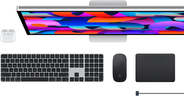 „Mac“ accessories: AirPods, Studio Display, „„Magic Keyboard““, Magic Mouse, Magic Trackpad, „MagSafe“ charging cable