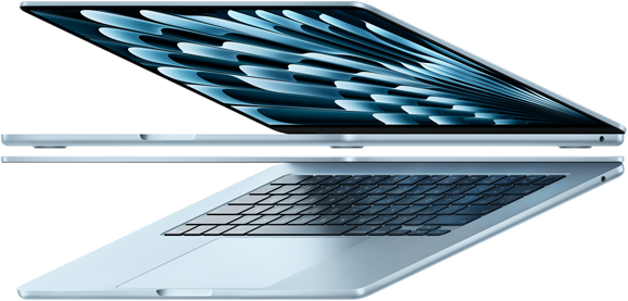 Two open „MacBook Air“ laptops in sky blue color forming arrow shape, emphasizing narrow profile