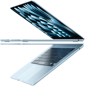 Two open „MacBook Air“ laptops in sky blue color forming arrow shape, emphasizing narrow profile