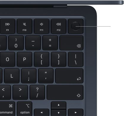 „MacBook Air“ keyboard, top right, demonstrating the location of the „Touch ID“ button