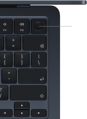 „MacBook Air“ keyboard, top right, demonstrating the location of the „Touch ID“ button