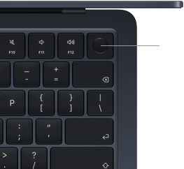 „MacBook Air“ keyboard, top right, demonstrating the location of the „Touch ID“ button