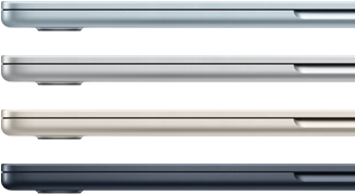 Side exteriors of four „MacBook Air“ laptops, showcasing four different finishes