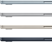 Side exteriors of four „MacBook Air“ laptops, showcasing four different finishes