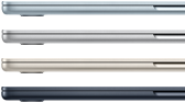 Side exteriors of four „MacBook Air“ laptops, showcasing four different finishes