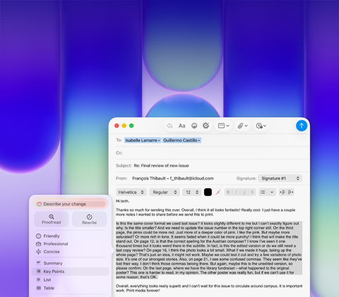 MacBook Neo ekranas, kuriame naudojami Apple Intelligence Writing Tools funkcijos programoje Mail ilgam el. laiško paragrafui su atsiliepimu apie publikaciją redaguoti