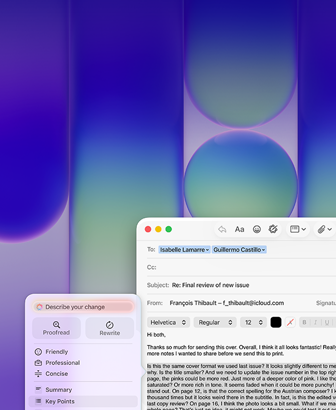 MacBook Neo ekranas, kuriame naudojami Apple Intelligence Writing Tools funkcijos programoje Mail ilgam el. laiško paragrafui su atsiliepimu apie publikaciją redaguoti