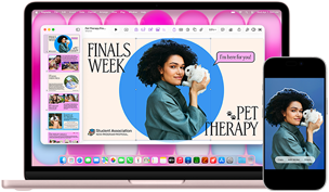 MacBook Neo, Rausva spalvos, šalia iPhone; MacBook Neo ekrane rodoma prezentacija „Finals Week Pet Therapy“ su žmogaus, laikančio jūrų kiaulytę, nuotrauka, o iPhone ekrane – ta pati nuotrauka, paversta lipduku naudojimui prezentacijoje