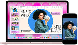MacBook Neo, Rausva spalvos, šalia iPhone; MacBook Neo ekrane rodoma prezentacija „Finals Week Pet Therapy“ su žmogaus, laikančio jūrų kiaulytę, nuotrauka, o iPhone ekrane – ta pati nuotrauka, paversta lipduku naudojimui prezentacijoje