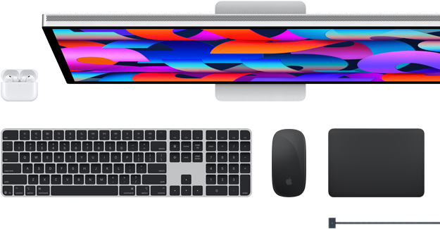 Mac priedai: AirPods, Studio Display, „Magic Keyboard“, Magic Mouse, Magic Trackpad, MagSafe įkrovimo laidas