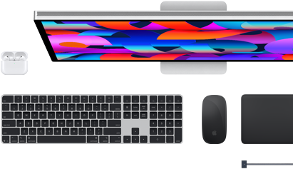 Mac priedai: AirPods, Studio Display, „Magic Keyboard“, Magic Mouse, Magic Trackpad, MagSafe įkrovimo laidas
