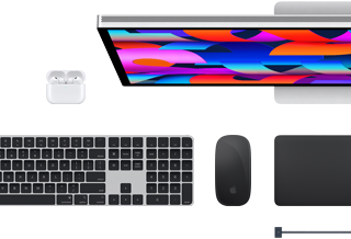 Mac priedai: AirPods, Studio Display, „Magic Keyboard“, Magic Mouse, Magic Trackpad, MagSafe įkrovimo laidas